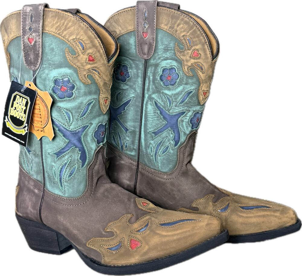 NEW DAN POST Distressed Leather Blue Bird Wingtip Cowboy Boots Girls Youth Sz 5